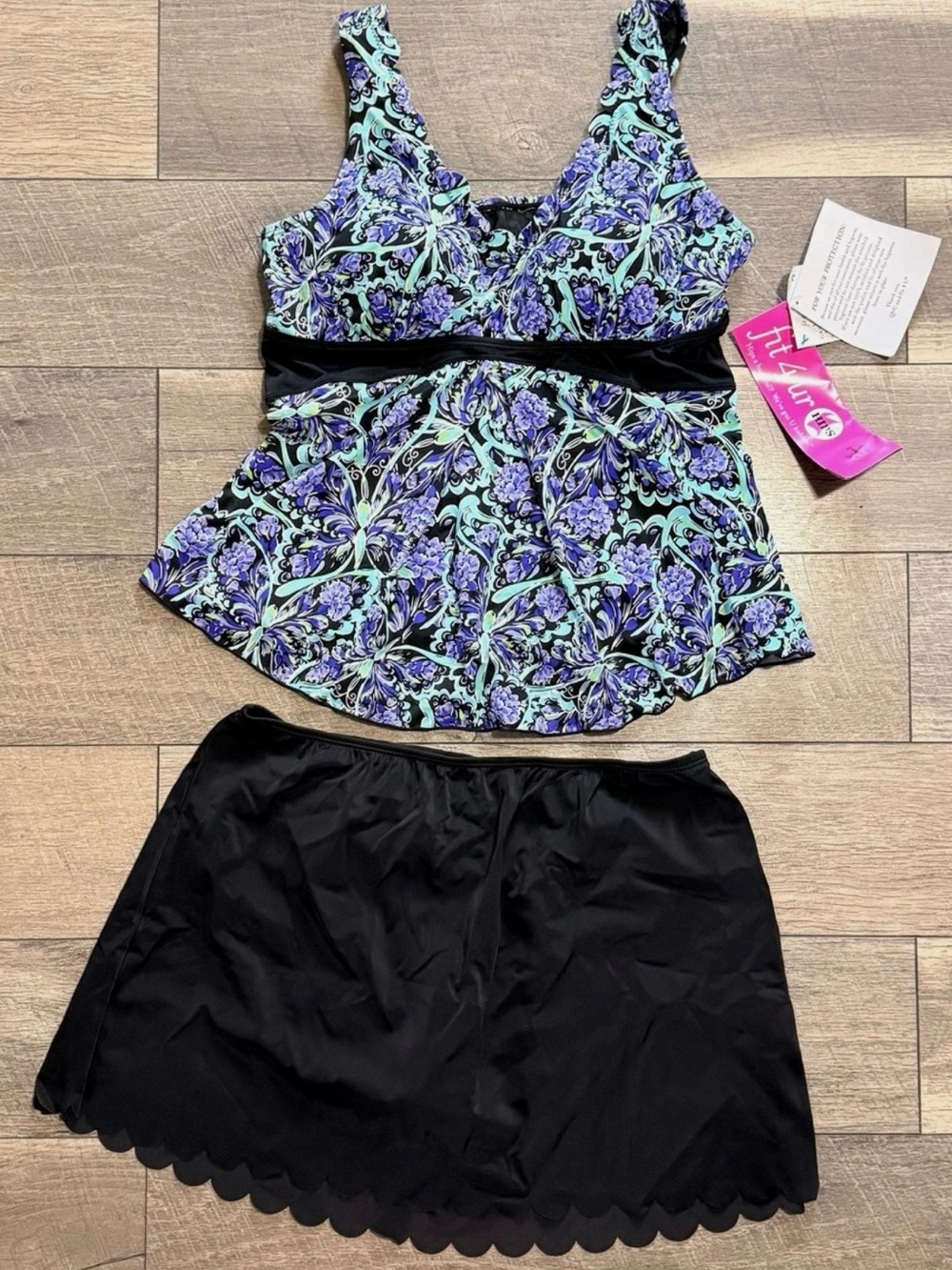 NWT Fit 4 U Purple Floral Tankini Swimsuit Black Scallop Skirt 2 Piece - Size 14